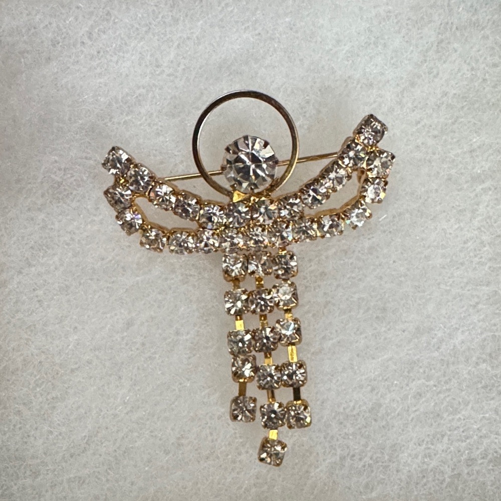 Gold and Rhinestone Angel Brooch